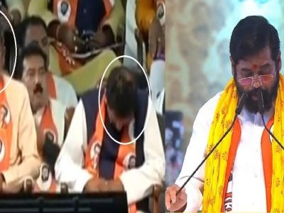 केसरकारांवर गाणं येणार बहुतेक, सभांसाठी राब राबतो! भाषणात झोपा काढतो!..शिंदेंच्या कंटाळवाण्या भाषणावेळी केसरकर, शंभूराजेंच्या डुलक्या