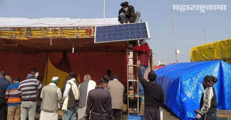 Protesting farmers, Ghazipur border, Solar panels installed